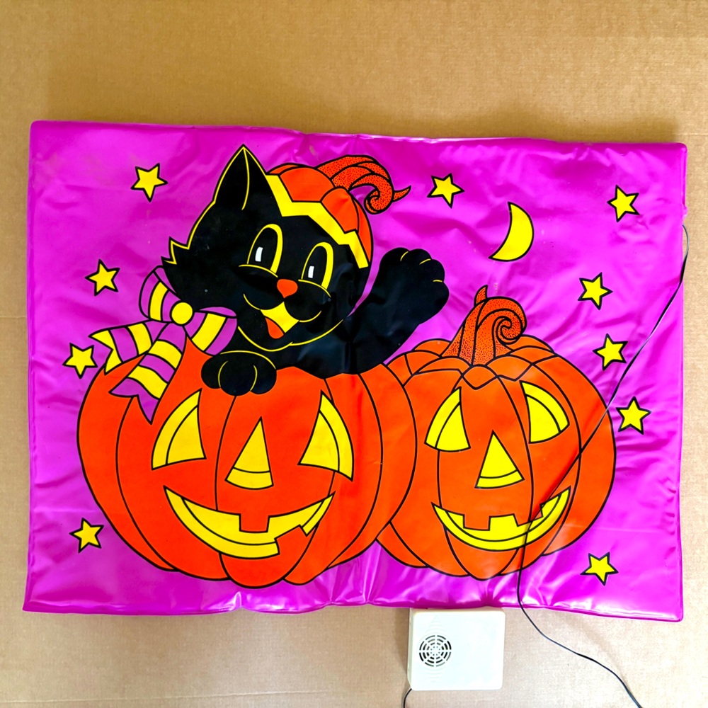 90s Halloween Noise Making Door Mat Black Cat & Jack-o-lanterns & EVIL CACKLE
